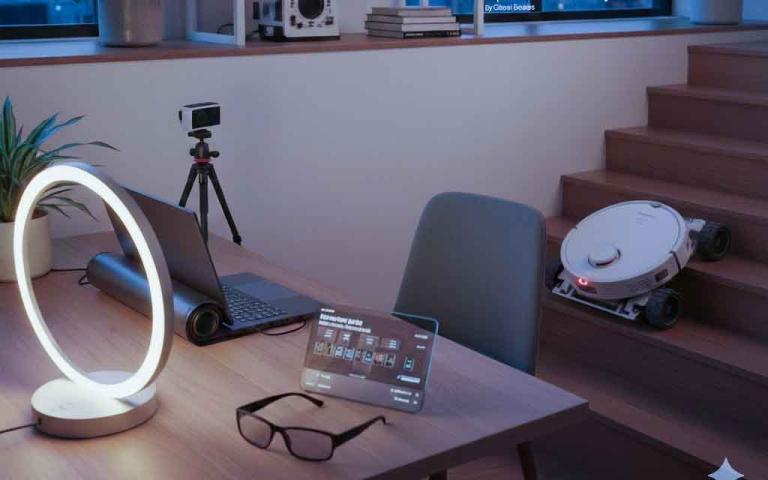 Top CES 2026 gadgets including rollable laptop, AR glasses, stair-climbing robot vacuum, and foldable smartphone