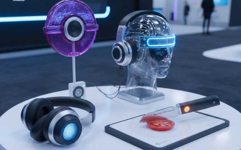Unusual gadgets showcased at CES 2026 in Las Vegas including twisting headphones and futuristic kitchen tech