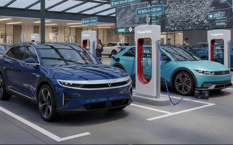 Modern electric vehicle charging at a high-power DC fast charging station in the United States in 2026