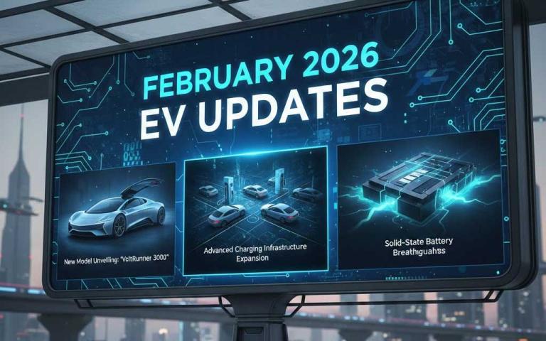 Collage of Toyota Highlander EV, BYD electric vehicles, and Tesla factory symbolizing February 2026 global EV market shifts
