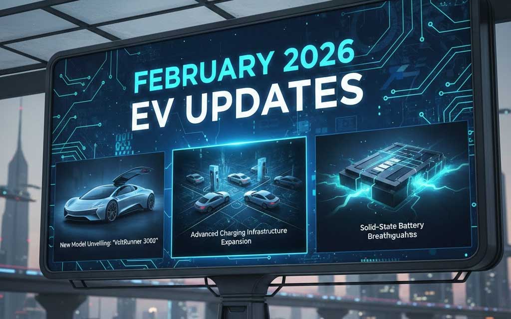Collage of Toyota Highlander EV, BYD electric vehicles, and Tesla factory symbolizing February 2026 global EV market shifts