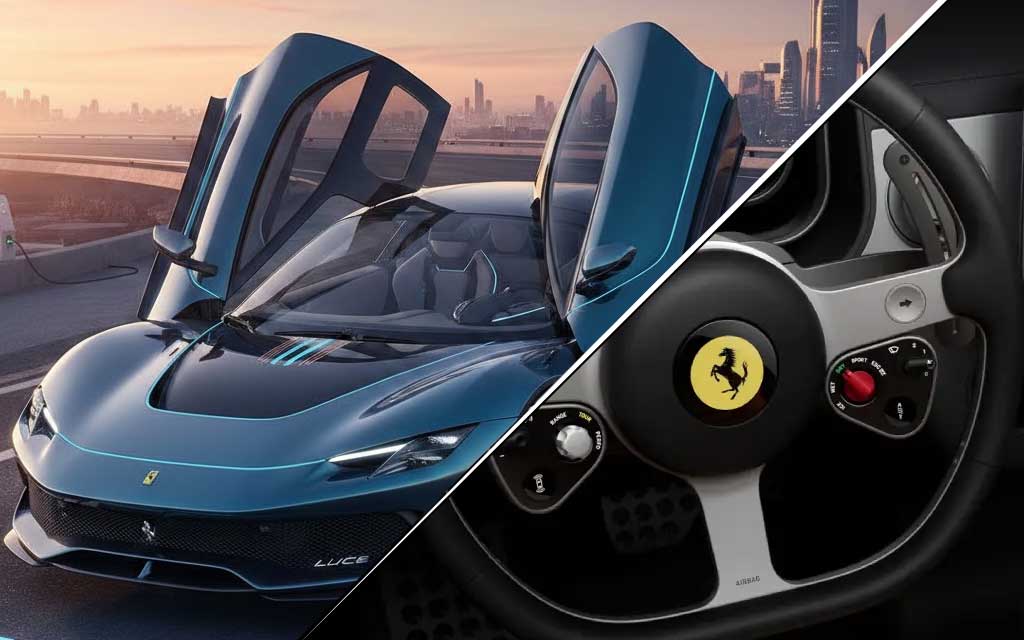 Ferrari Luce 2026 all electric four door supercar prototype with rear hinged doors at Maranello