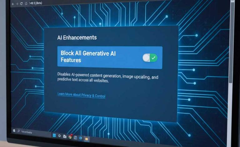Mozilla Firefox 148 settings showing Block AI Enhancements toggle to disable all generative AI features