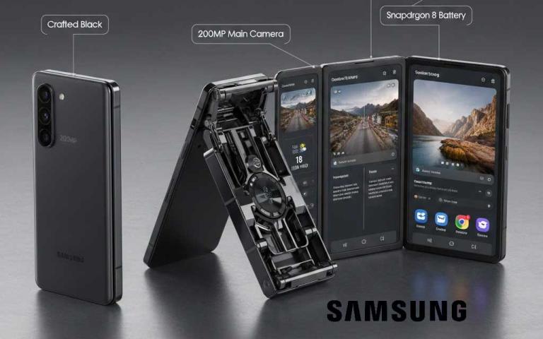 Samsung Galaxy Z TriFold fully unfolded showing large 10-inch Dynamic AMOLED display