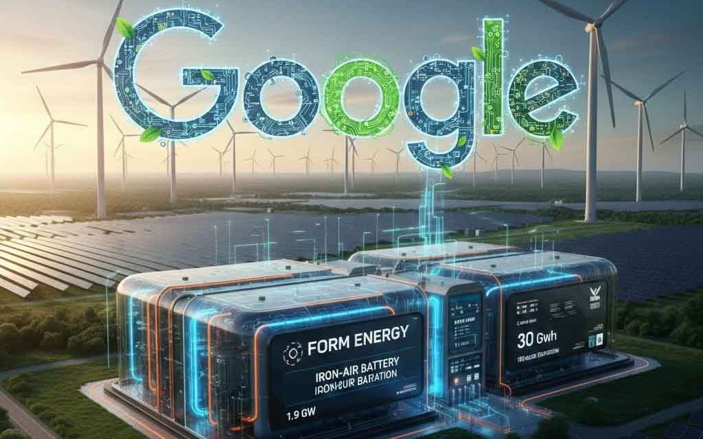 Wind turbines, solar farm, and long-duration iron-air battery storage powering Google AI data center in 2026