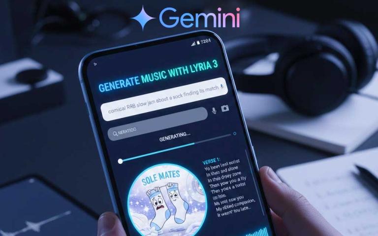 Google Gemini app interface showing AI-generated music creation powered by DeepMind Lyria 3