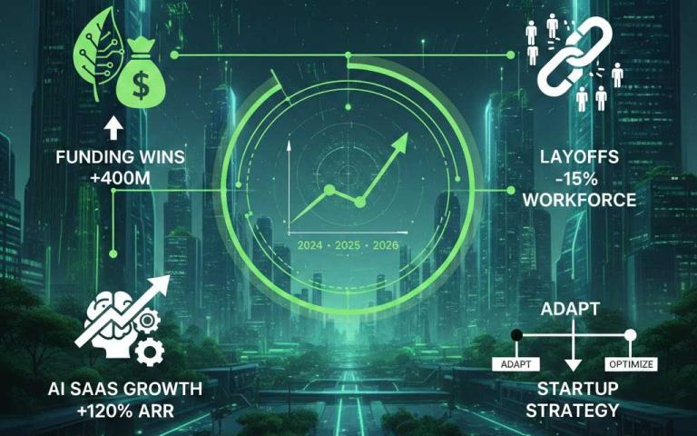 Concept illustration of artificial intelligence software overlaying renewable energy infrastructure symbolizing green tech and AI SaaS convergence in 2026