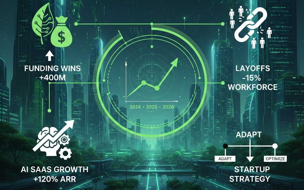 Concept illustration of artificial intelligence software overlaying renewable energy infrastructure symbolizing green tech and AI SaaS convergence in 2026