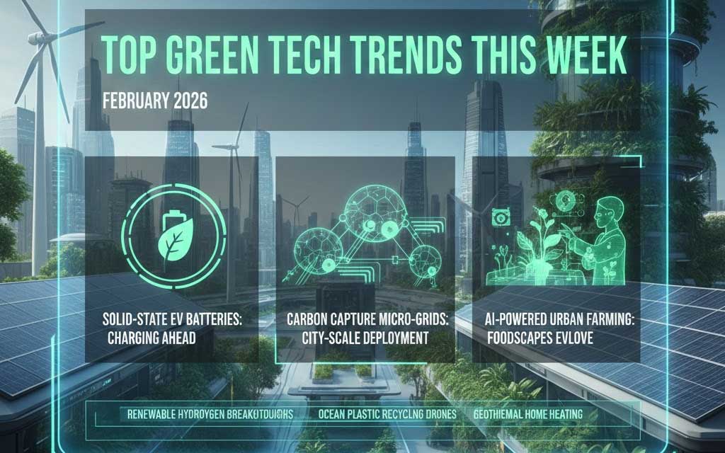 Sodium-ion battery, copper-based solar panel, and reflective cooling roof coating representing green tech trends February 2026