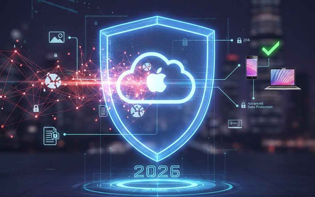 Apple iCloud security in 2026 showing Advanced Data Protection, end-to-end encryption, privacy settings, and two-factor authentication on iPhone.