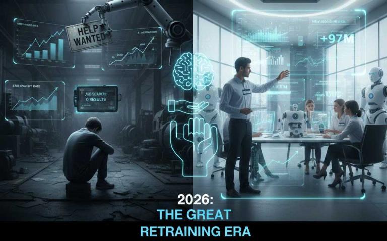 Modern office worker collaborating with AI system representing job transformation and automation trends in 2026