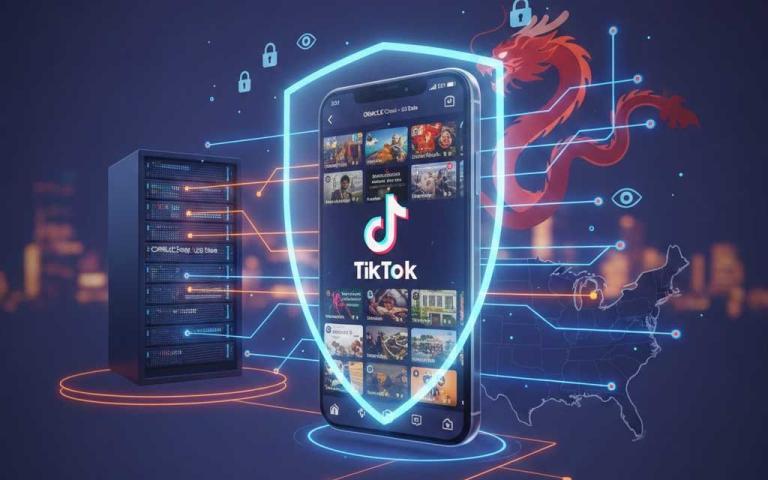 Smartphone displaying TikTok app with cybersecurity shield overlay representing U.S. privacy and safety concerns in 2026
