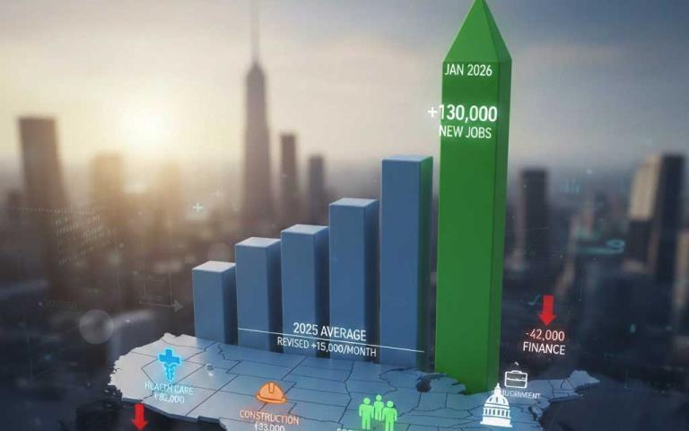 January 2026 US Jobs Report shows 130000 new nonfarm payroll jobs and 4.3 percent unemployment rate
