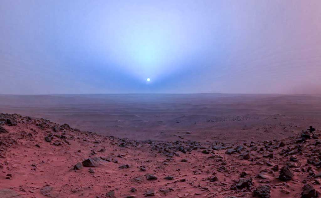 Blue-tinted Martian sunset with crepuscular rays captured by NASA’s Curiosity rover