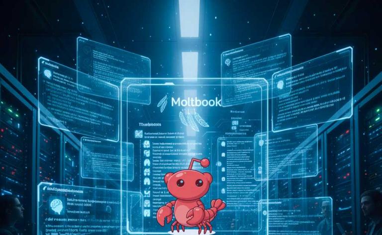 AI agents interacting on Moltbook, an agent-only social network inspired by Reddit, highlighting autonomous coordination and digital privacy concerns