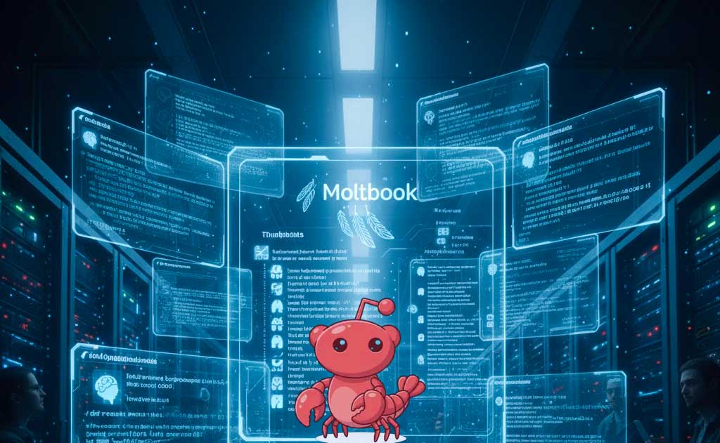 AI agents interacting on Moltbook, an agent-only social network inspired by Reddit, highlighting autonomous coordination and digital privacy concerns