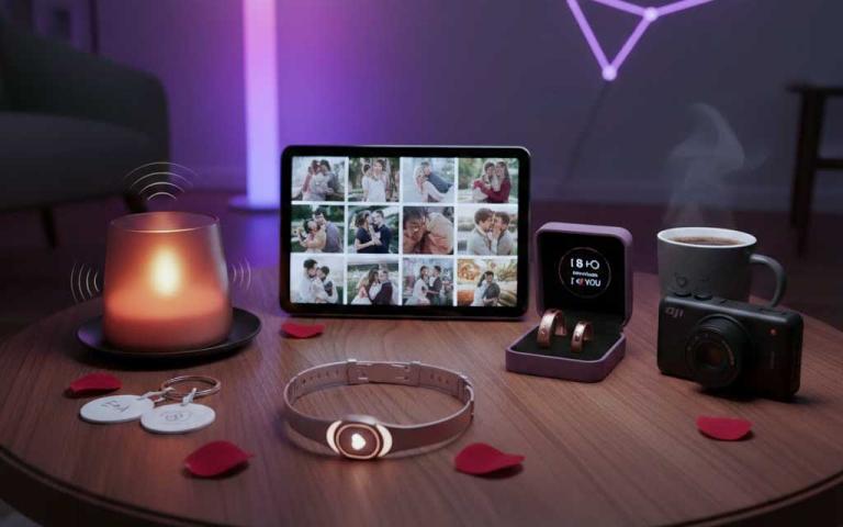 Romantic Valentine gift gadgets 2026 including smart bracelets, digital love frame and smart lighting for couples