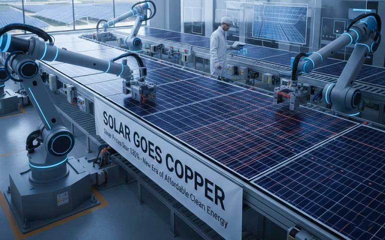 Solar panel manufacturing line transitioning from silver paste to copper metallization in 2026