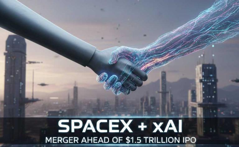 SpaceX and xAI logos as Elon Musk explores merger talks ahead of a potential $1.5 trillion IPO in 2026