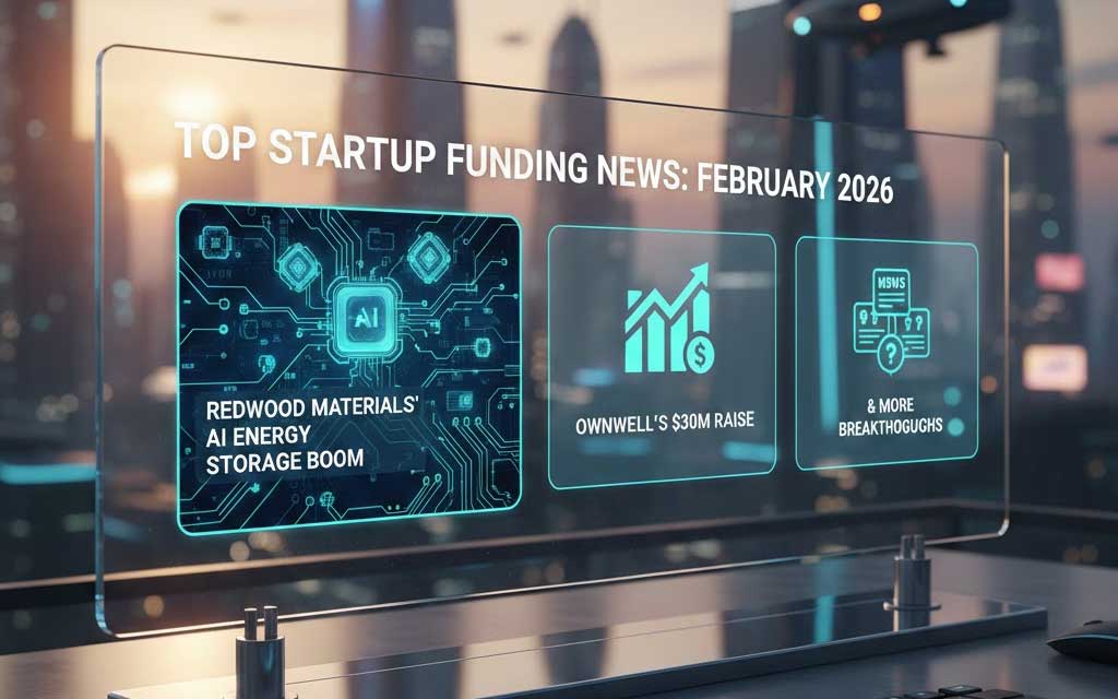 Redwood Materials energy storage facility and Ownwell AI property tax platform representing top startup funding February 2026