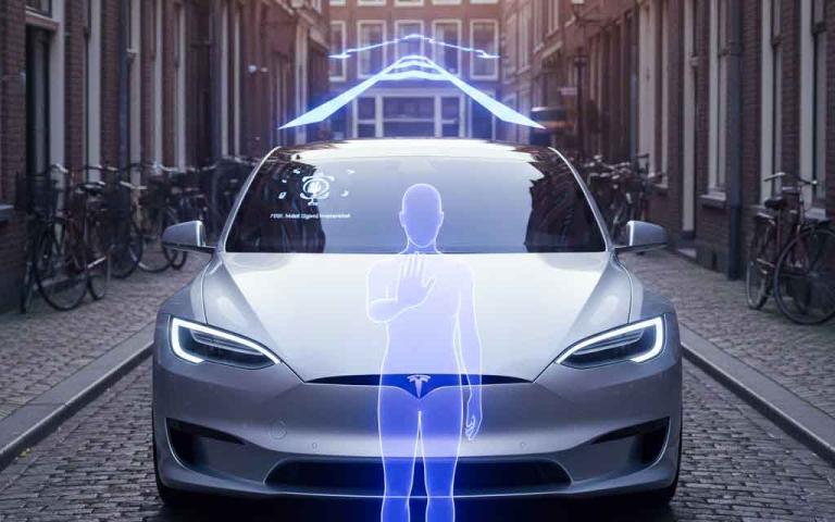 Tesla FSD Supervised recognizing pedestrian hand signals in a narrow urban European street in 2026