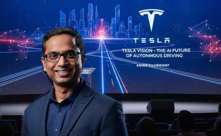 Tesla vision-only self-driving AI system explained by Ashok Elluswamy at ScaledML 2026, highlighting end-to-end neural networks and camera-based autonomy