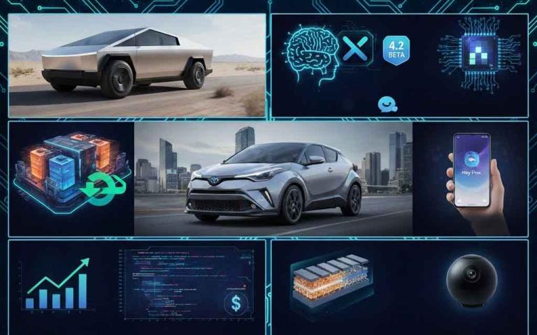 Collage featuring Tesla Cybertruck price cuts, Grok 4.2 beta launch, Toyota C-HR EV, and AI infrastructure growth in February 2026 tech roundup