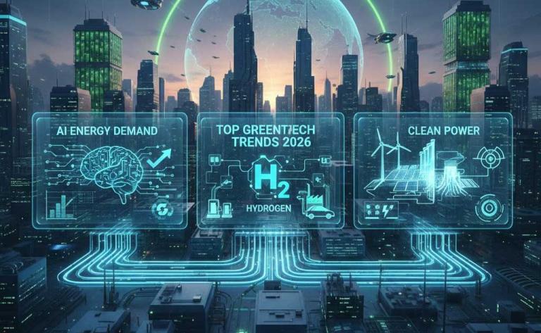 Top greentech trends 2026 showing AI-driven energy demand, clean hydrogen, renewables, and grid expansion