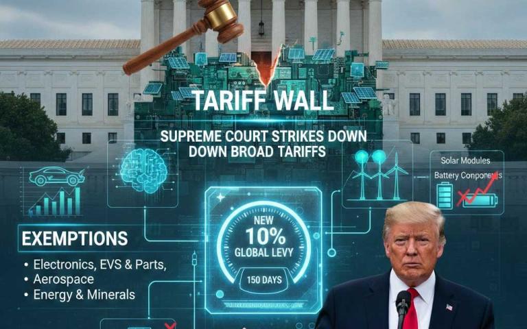 President Donald Trump 2026 tariffs impact on EV, AI semiconductors and green energy sectors after Supreme Court ruling