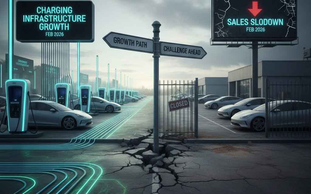 U.S. electric vehicle charging station expansion contrasted with declining EV sales chart in February 2026