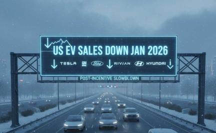 US electric vehicle sales decline in January 2026 showing company-level projections for Tesla, GM, Ford, Rivian, and Hyundai amid post-incentive slowdown