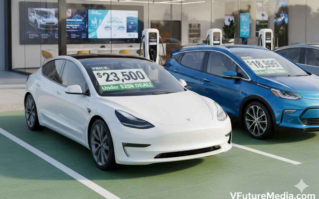 Used electric vehicles under $25,000 displayed on dealership lot showing 13.5% sales surge in 2026