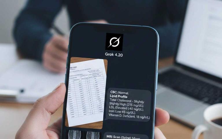 AI chatbot interface analyzing medical lab report and MRI image for instant health insights in 2026