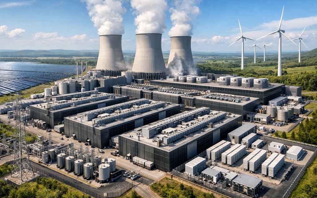 Large AI data center powered by renewable energy infrastructure as tech companies pledge to offset electricity demand in 2026