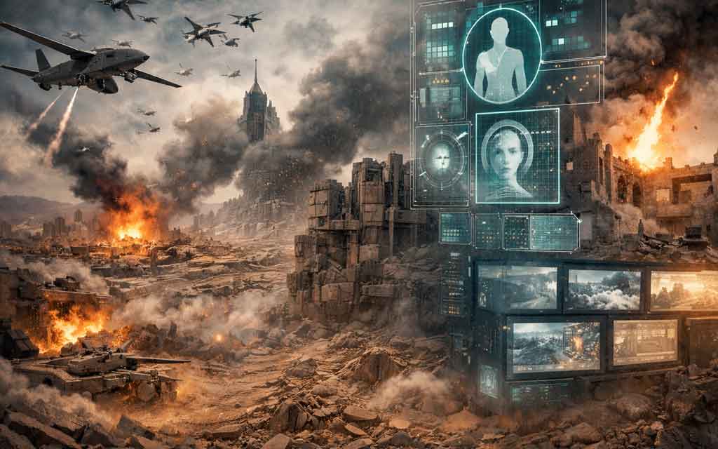 Artificial intelligence controlling autonomous military drone in modern warfare battlefield concept