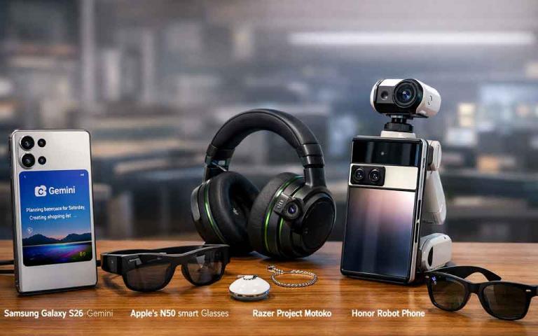 AI gadgets launching in 2026 including Samsung Galaxy S26 agentic AI phone, Apple smart glasses, Meta Ray-Ban AI glasses, Razer AI headphones and Honor robot phone