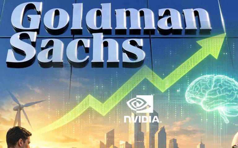 AI productivity paradox concept showing Goldman Sachs analysis and NVIDIA chips highlighting debate between AI impact and future growth
