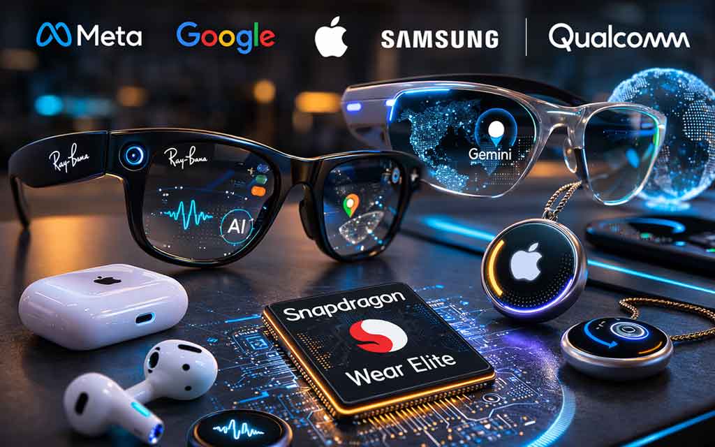 AI smart glasses and wearable pendants from Meta, Google, Apple, and Qualcomm representing the next generation of AI-powered wearable technology.