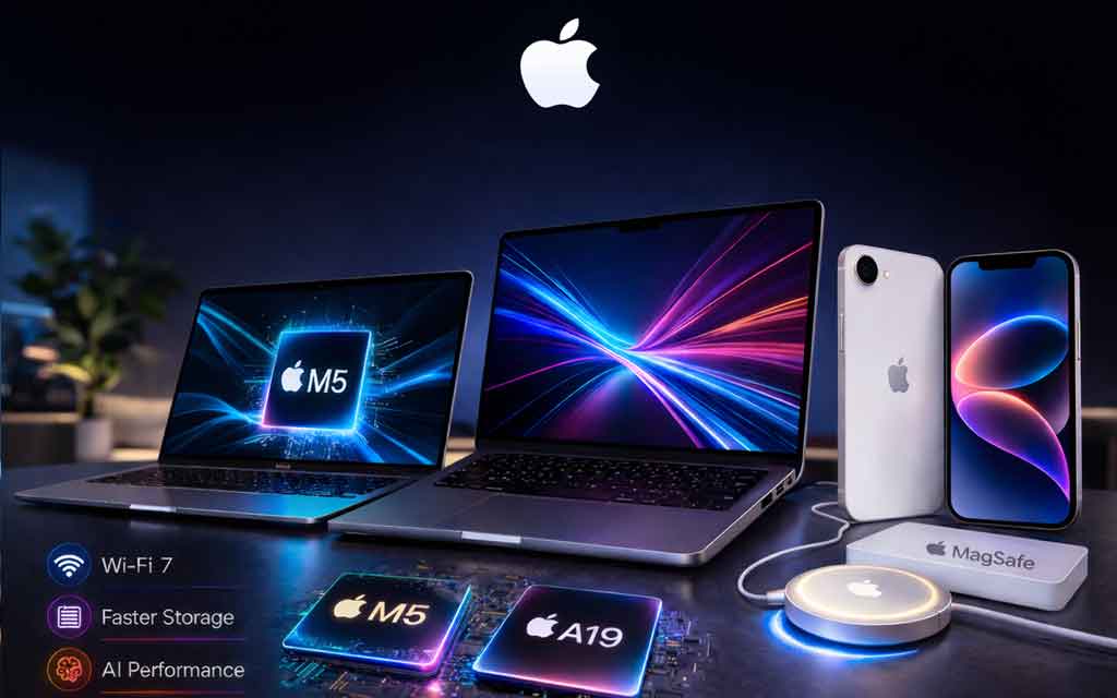 Apple 2026 refresh featuring M5 MacBook Air, M5 MacBook Pro, and iPhone 17e highlighting AI performance upgrades and new features.