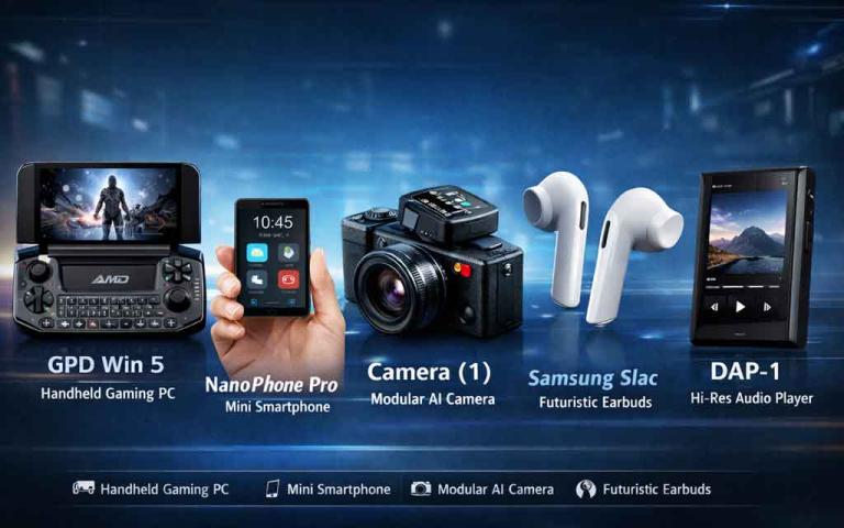 Top emerging tech gadgets of March 2026 including GPD Win 5 handheld gaming PC and NanoPhone Pro compact smartphone
