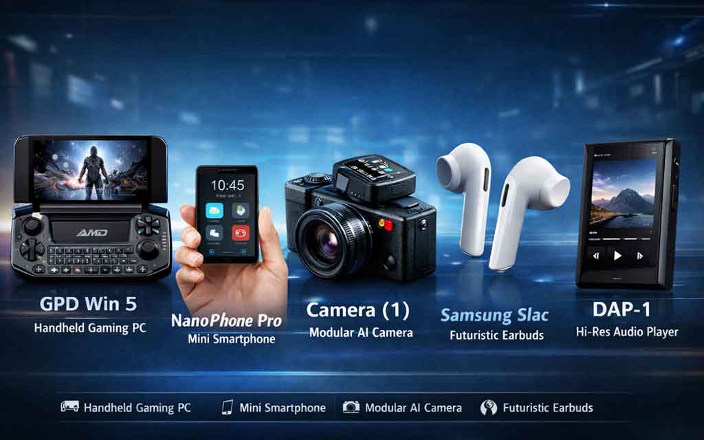 Top emerging tech gadgets of March 2026 including GPD Win 5 handheld gaming PC and NanoPhone Pro compact smartphone