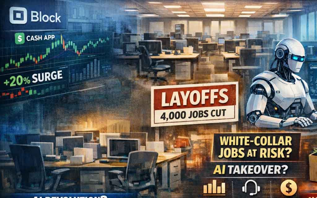 Concept illustration of AI automation replacing office jobs after Block’s 2026 layoffs announcement impacting U.S. white-collar workforce
