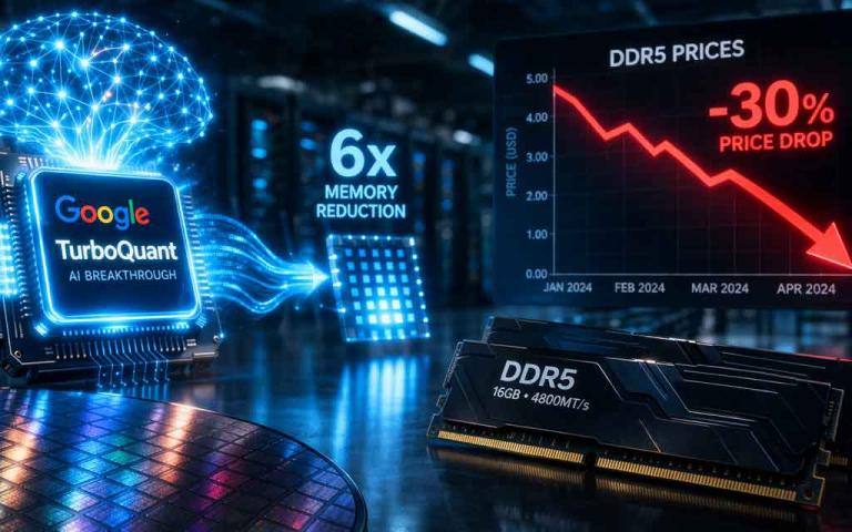 DDR5 RAM modules with falling prices due to AI breakthrough TurboQuant reducing memory demand in 2026