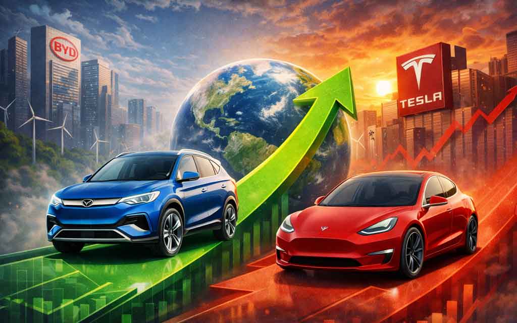 Tesla and BYD electric cars competing in global EV market share race with legacy automakers in 2026