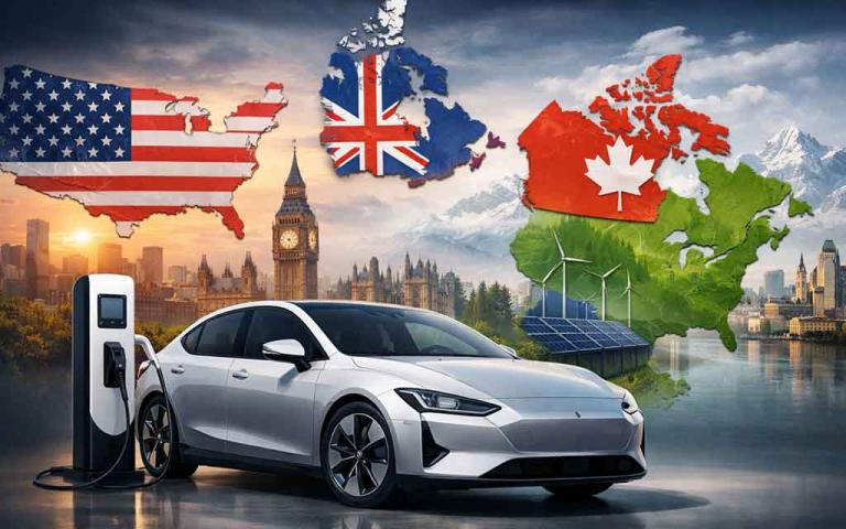 Electric vehicle sales trends in 2026 across USA, UK, Canada, and Europe showing regional EV adoption differences