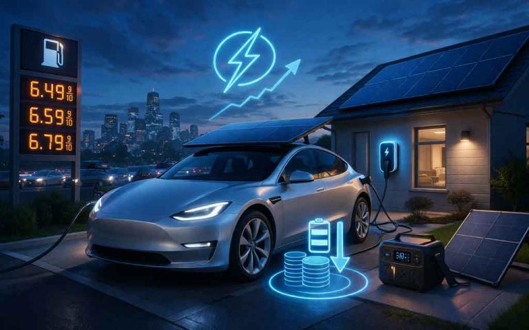 Electric vehicle charging at home with smart charger and solar panels reducing fuel costs in 2026