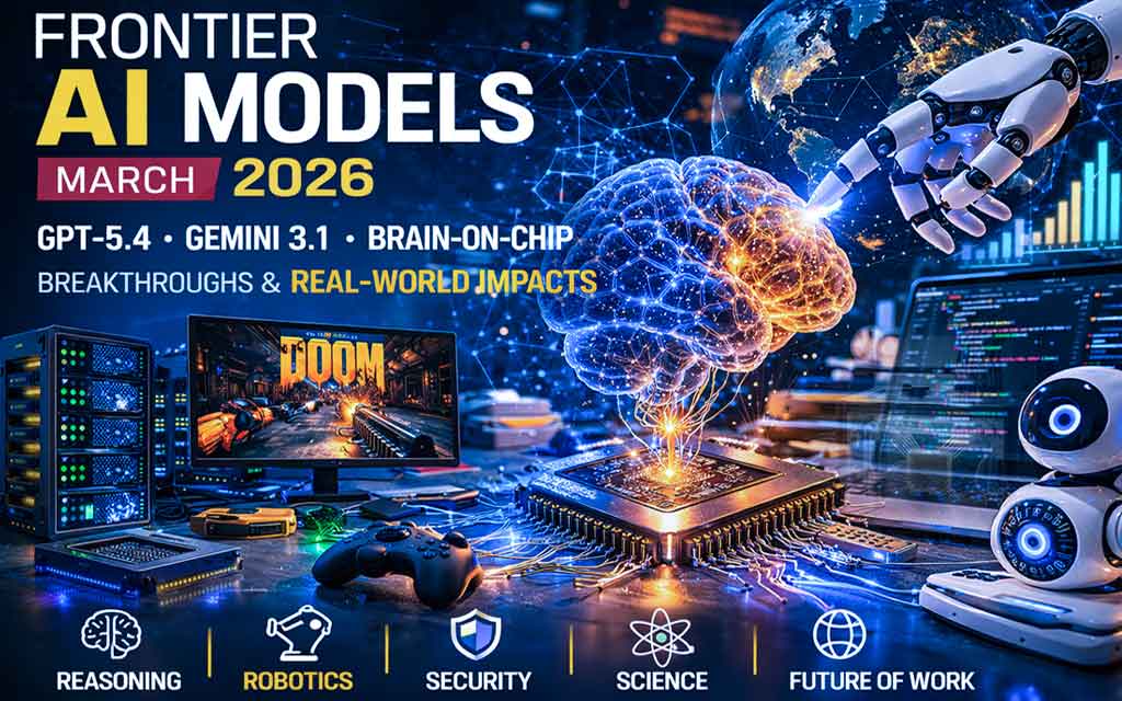 Frontier AI breakthroughs March 2026 featuring GPT-5.4, Google Gemini 3.1, and brain-on-chip artificial intelligence research