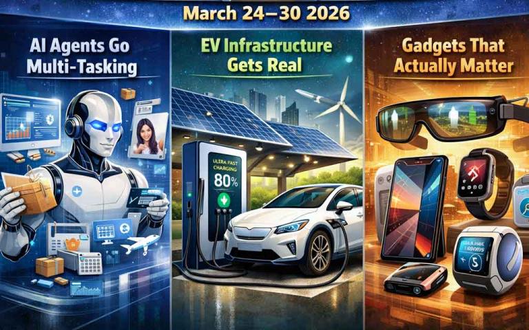 Weekly future tech highlights showing AI agents EV infrastructure developments and global tech layoffs trends in March 2026