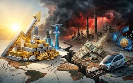 Global stock market chart falling with gold bars and Bitcoin symbol amid geopolitical conflict and oil price surge