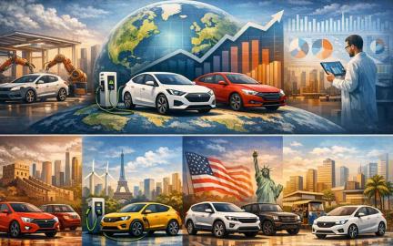 Global electric vehicle vs internal combustion auto sales comparison chart for February 2026 showing China, US, and Europe trends